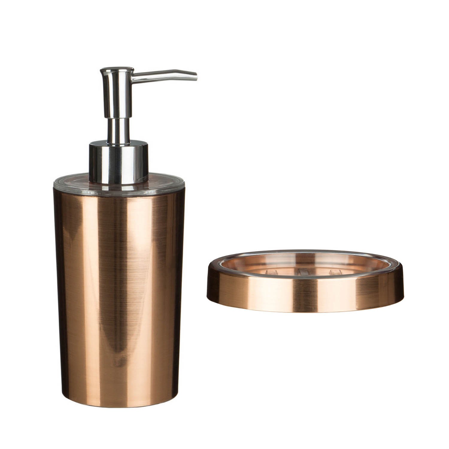Set Of 2 Shine Rose Gold Plastic Soap Dish Liquid Dispenser Bathroom Accessory