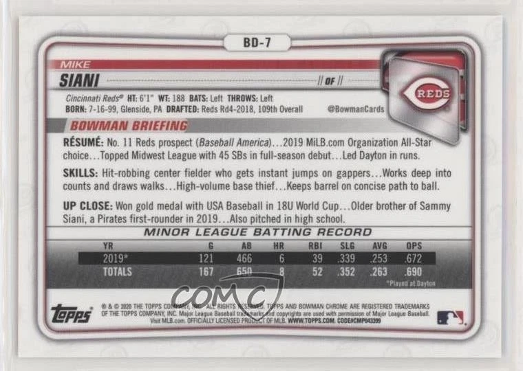 2020 Bowman Chrome Draft Sapphire Edition Gold /15 Mike Siani #BD-7 - Image 2 of 2