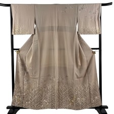 Japanese Silk Houmongi Kimono M 159cm Light brown Leaves and fruits Grass and 31