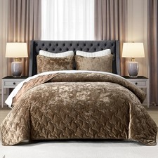 Luxury Velvet Quilt Set King Size Bedding, Mocha Brown Comforter Set, Ultra-Soft