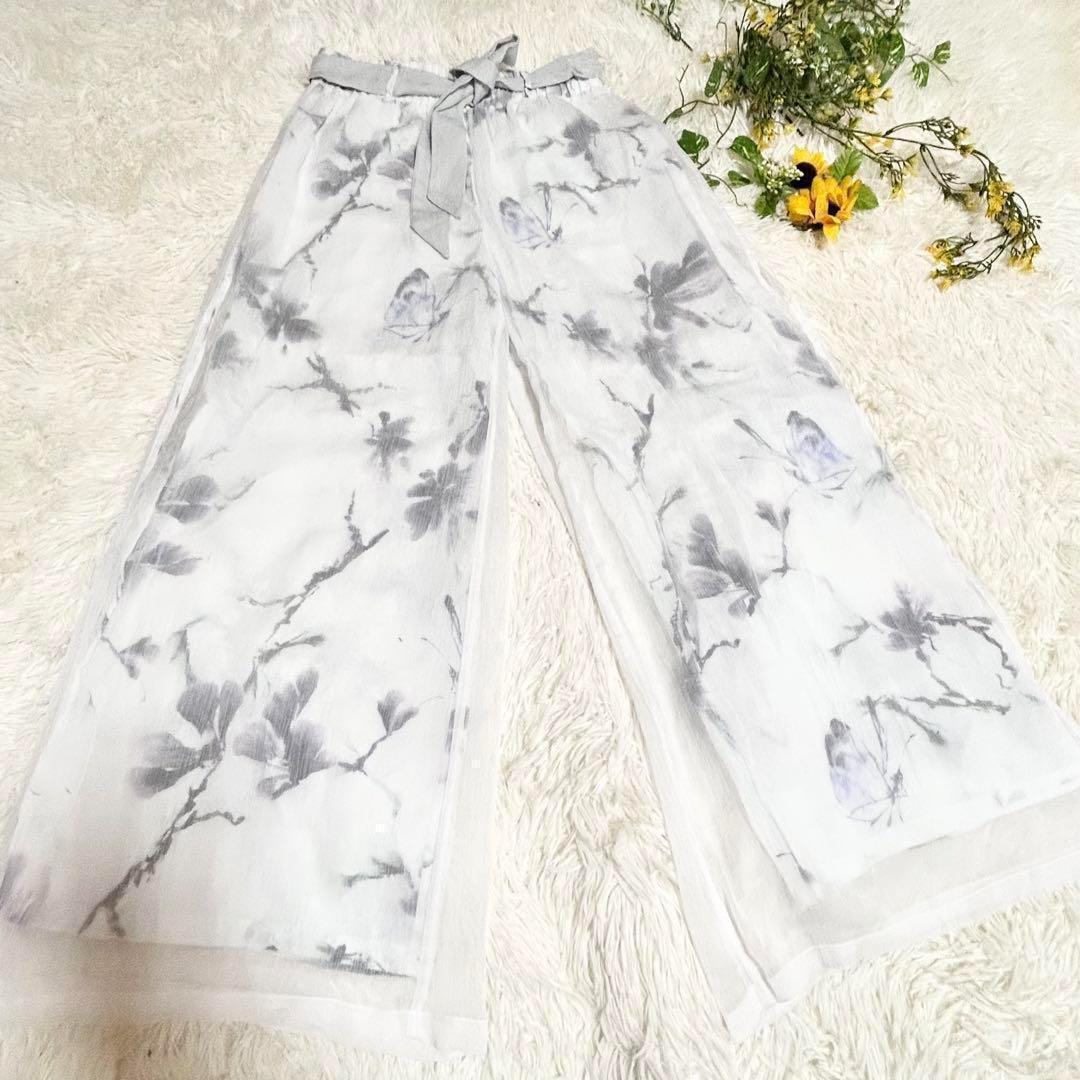 Chinese Japanese Pattern Gaucho Pants With Belt, Sheer, Size Chinese Japanese Pattern Gaucho Pants With Belt, Sheer, Size