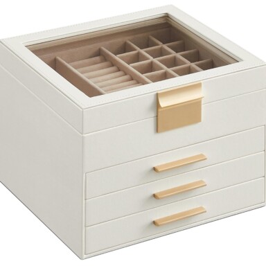 SONGMICS Jewelry Box with Glass Lid 4-Layer Jewelry Organizer 3 Drawers Black