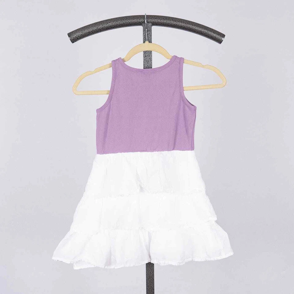 Vestido Hanna Andersson púrpura y blanco cansado con volantes 100 % algodón Hanna 120 EE. UU. 6-7 Foto 3 de 3