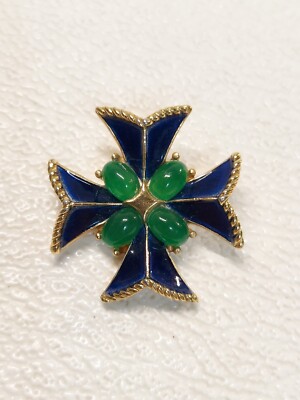 Vintage Crown Trifari Blue Green Maltese Cross Brooch
