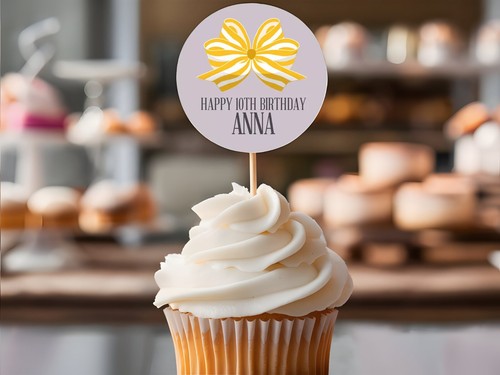 PERSONALISED Cupcake Topper Pick Topper Birthday Bow Design - Picture 7 of 8