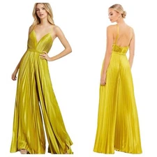 Mac Duggal Pleated Plunge Neck Wide Leg Open Back Jumpsuit In Chartreuse 12 NWT