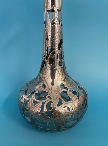 Antica brocca decanter in vetro argento sterling Alvin sovrapposizione vite uva - Foto 5 di 19