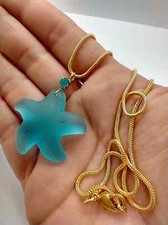 Sea Glass Starfish Pendant, Gold Snake Chain Necklace, 18 Inch Carribean Blue