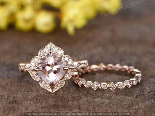 4 CT Cushion Cut Morganite Vintage Wedding Bridal Ring Set 14k Rose Gold Finish