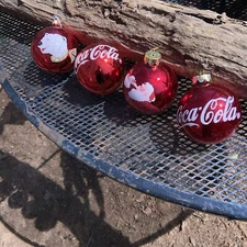 Four Vintage Red Globe Glittery Coca-Cola Ornaments