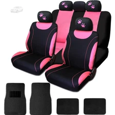 For Mercedes New Flat Cloth Black and Pink Car Seat Covers Mats With Paws Set 