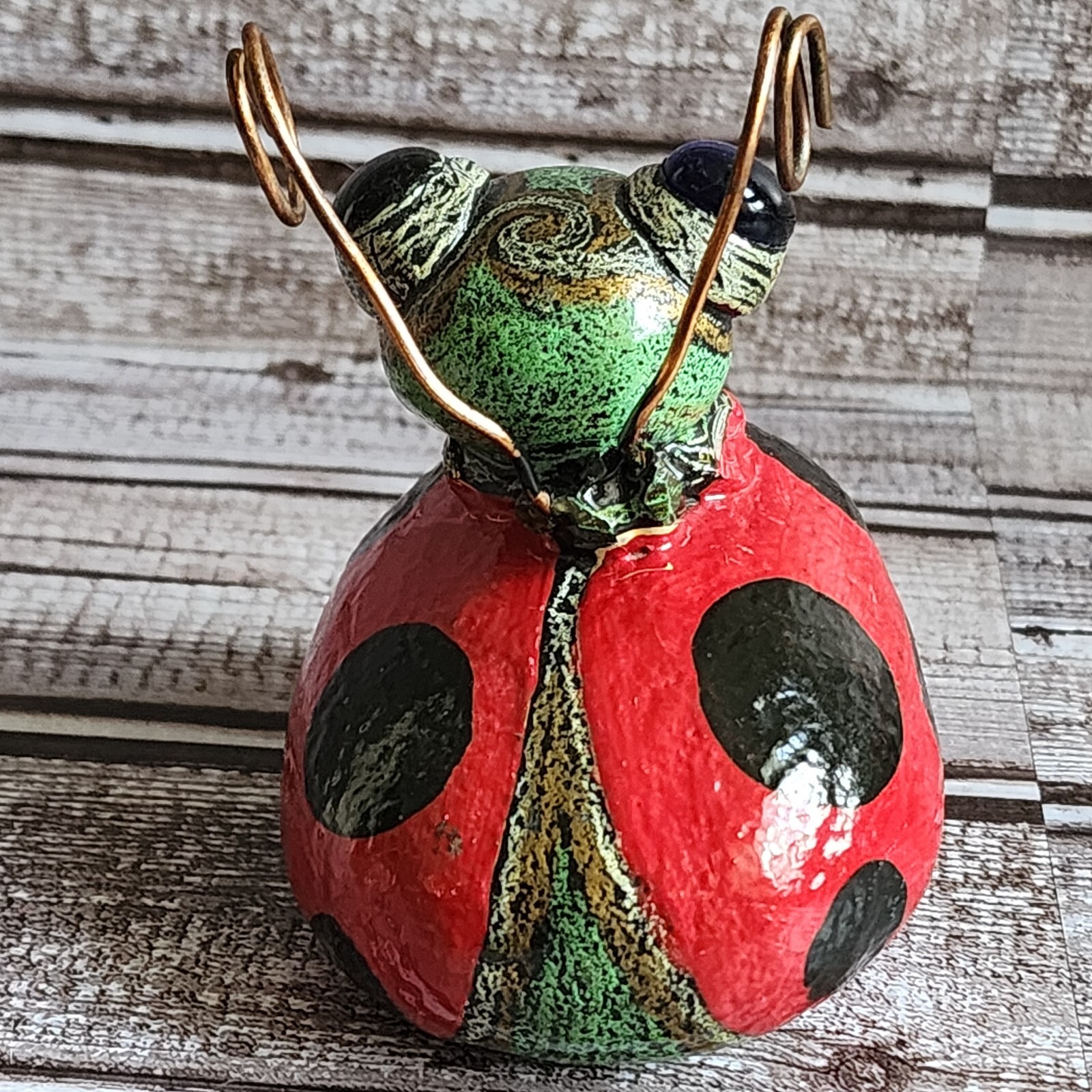 VTG 2000 Stone Rock Metal Ladybug Hand Painted Signed Unique Paperweight Decor