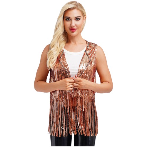 Women Vest Lapel Waistcoat Sparkly Shrug Tassel Cardigan Open Front Top Disco - Picture 29 of 41