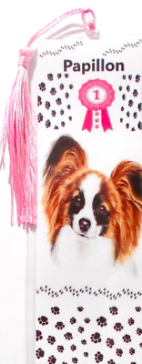 PAPILLON DOG,PAW PRINTS,BLUE RIBBON UNIQUE LAMINATED BOOKMARK