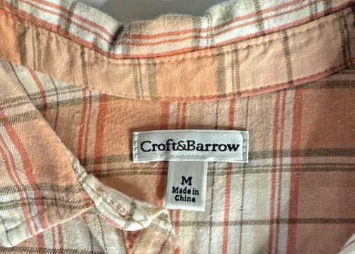 Croft & Barrow Womens Button Up Shirt Peach and Cream Plaid Flannel Medium - Picture 2 of 7