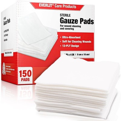 Everlit Extra-Thick 4x4 Sterile Gauze Pads 150 Pack Wound Care First Aid