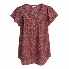 Max Studio Small S SM Red Floral Blouse Top Short Sleeve Casual Travel