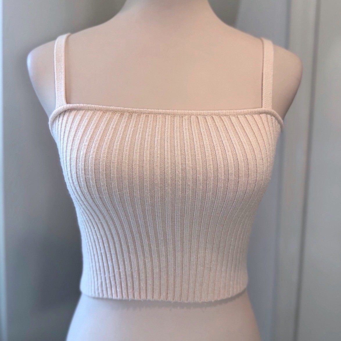 Zara Cream Ribbed Knit Square Neck Crop Tank | Size Small