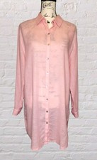 Tahari Linen Tunic Shirt Dress Womens MED Pink Roll Tab Sleeve MOP Buttons