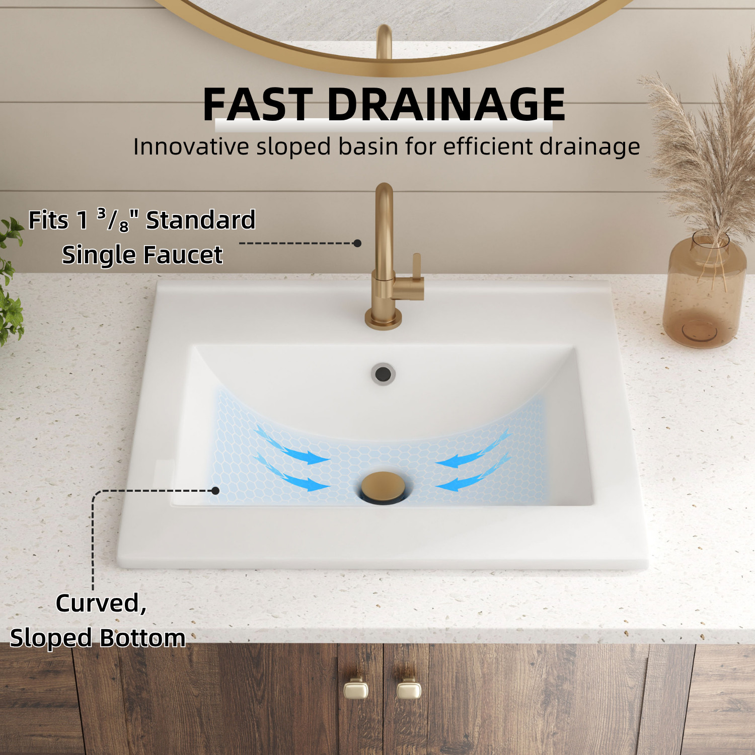 20"x18" White Drop-In Bathroom Sink Ceramic Rectangular with Single Faucet Hole