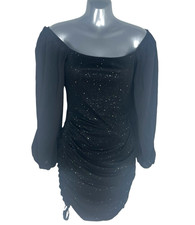 Off Shoulder Sparkle Mini Dress Women's UK Size S Bodycon Chiffon Sleeve Black 