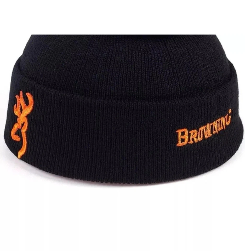 Gorro negro bordado con logotipo marrón tejido con puños elástico cálido calavera Foto 4 de 4