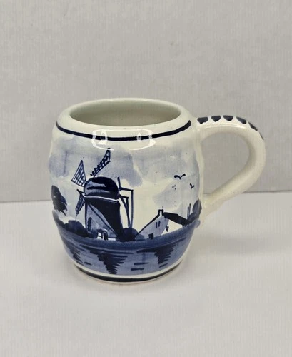 Delfts Blue Hand Painted Blue Windmill Rotterdam Sm. Mug Made In Holland Vintage