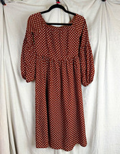 Nasty Gal Collection Brown White Polka Dot Square Neck Balloon Sleeve Midi  SZ 4