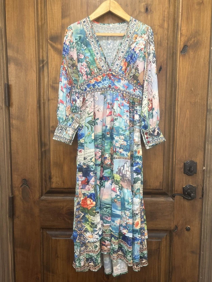 Maxi Vestido Camilla Disney Blancanieves Floral Cuello en V Seda Foto 2 de 4