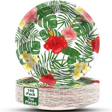 100pcs 7inch Aloha Floral Plates Hawaiian Luau Party Supplies Tableware Hawai...