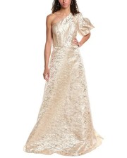 Rene Ruiz Champagne Gold One Shoulder Puff Sleeve Brocade Gown Size 12 1695