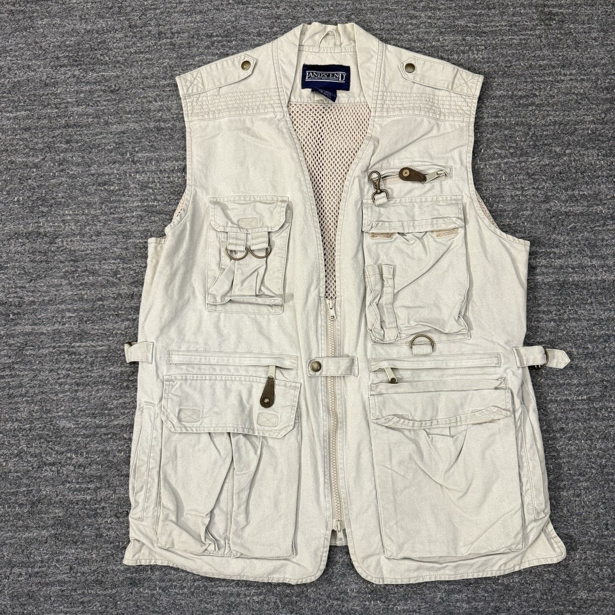 Vintage Lands End Safari Vest Men Small Beige Photographer Fish