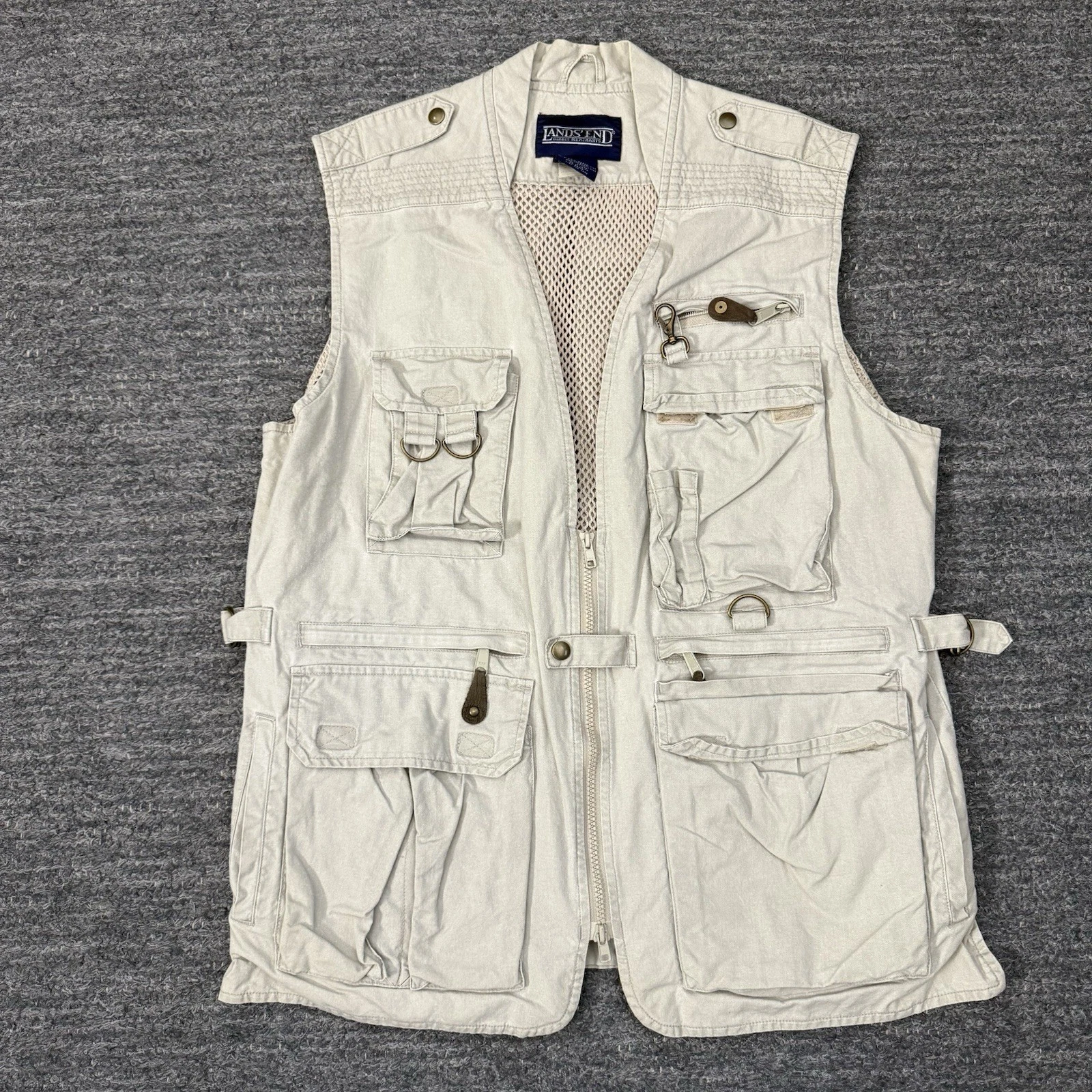 Vintage Lands End Safari Vest Men Small Beige Photographer Fish Trail 90s Retro
