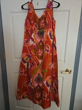 VTG 70s Tori Richard Honolulu Barkcloth Flower Orange Hawaiian Resort Maxi Boho