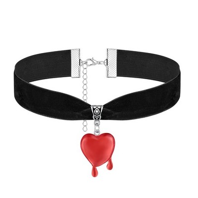 Goth Black Choker with Bleeding Red Heart Pendant, Gothic Velvet Melting Heart C