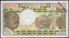 Chad  - 10.000 francs ND (1971) -  SPECIMEN Pick 1s - USED - FREE SHIPPING