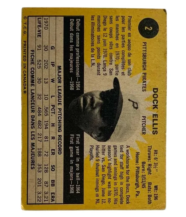 #2 Dock Ellis 1970-71 O-Pee-Chee Baseball Card - Image 2 of 2