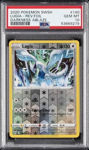 2020 Pokémon SWORD & SHIELD DARKNESS ABLAZE #140 LUGIA-REVERSE FOIL PSA 10 card showing silver dragon with rainbow foil.