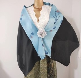 Handmade Japan Kimono Pure Silk Scarf Stole Floral Black Blue 2Way Upcycled