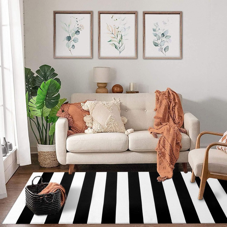 KOZYFLY Black and White Striped Runner Rug 2x6 Ft Washable Hallway