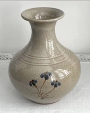 Vintage 1983 Jugtown Ware Pottery Vase Blue Flowers Excellent Condition