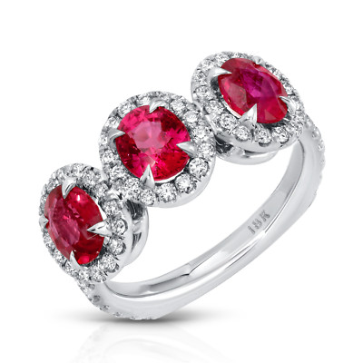 Vivid Natural 3.21 Ct Oval Cut Ruby and Diamond Three Stone Ring 18K White Gold