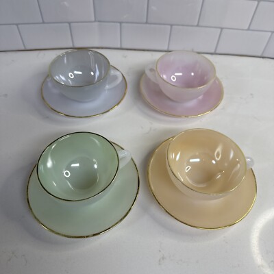 4 Vintage Arcopal France Harlequin Pastels Milk Glass Tea Sets