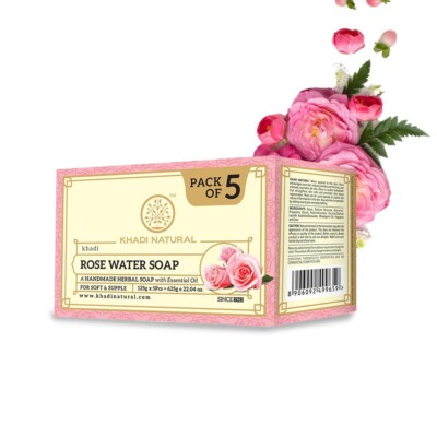 KHADI NATURAL Ayurvedic Rosewater Handmade Soap| (Pack of 5) (5x125 g) (625 g)