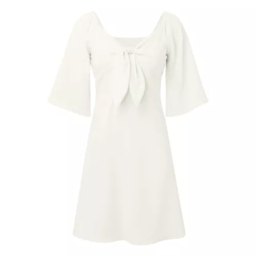 Women's Dresses Deep V Neck Elegant Bow tie Short Sleeves Swing Loose Mini Dress - Picture 4 of 11