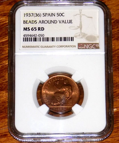 SPAIN 1937(36) UNCIRCULATED 50c GRADED NGC MS65 RD Spanish UNC Certified Coin