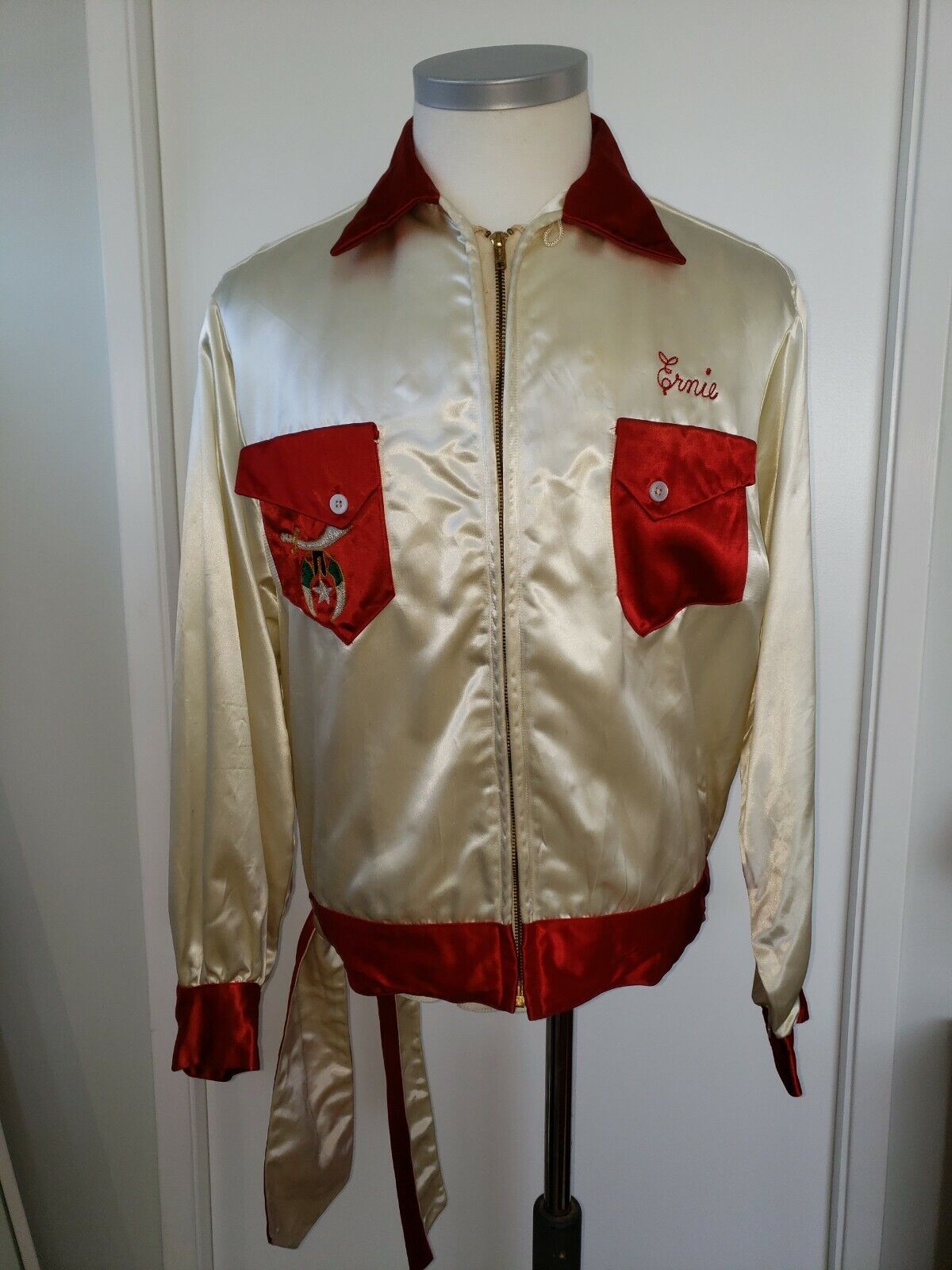 1940s Satin Bowling Jacket, Chain Stitch, Shrine … - image 1