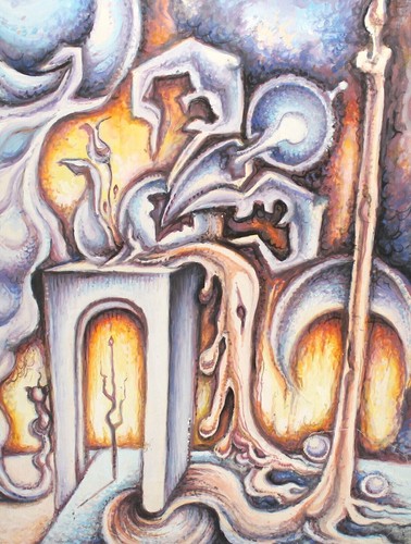 Surrealist abstract composition landscape gouache painting signed - Picture 8 of 12