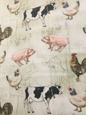 Barnyard Animals Pig Chicken Rooster Cow Barn Farm Fabric BTY 36 x44 