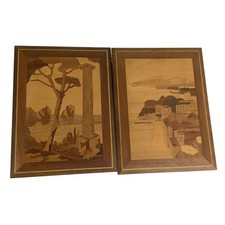 Vintage Wooden Intarsia Art Landscape Scenes Pair Antiques Collectibles